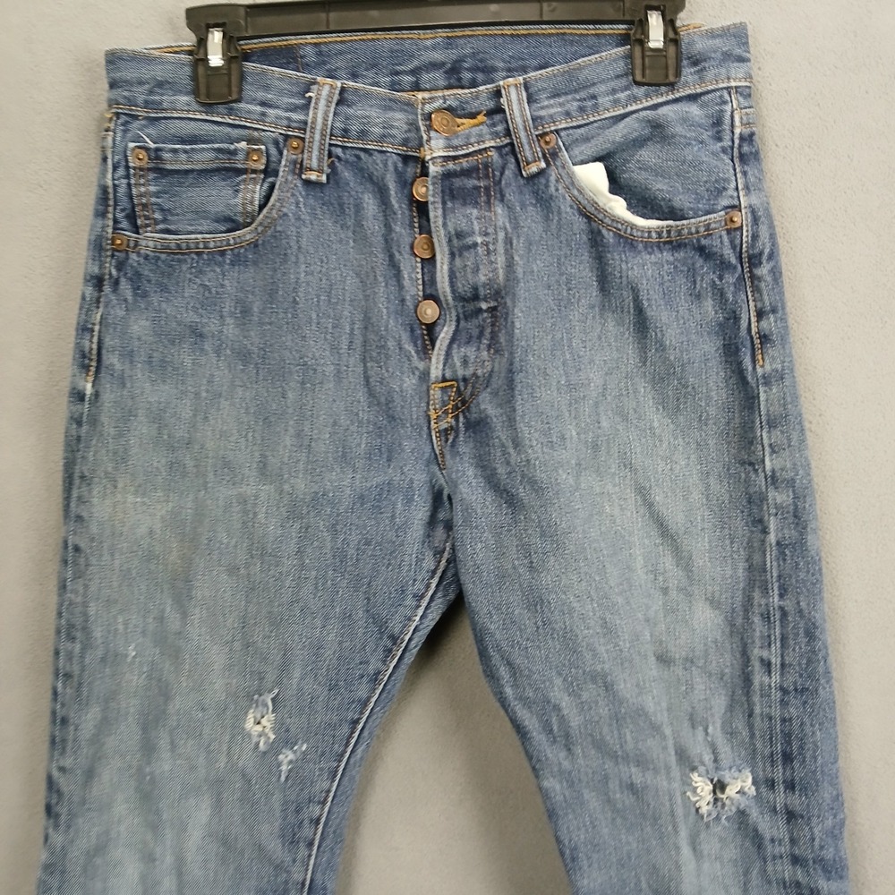 Levi's 501 Original Fit Jeans Womens 29x30 Blue Distressed Mid Rise Straight Leg - Picture 3 of 13